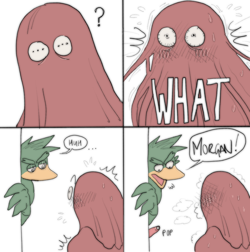 anthro avian bird blush bodily_fluids comic dialogue don't_hug_me_i'm_scared duck_guy_(dhmis) duo erection genitals hi_res humanoid male male/male morgan_(dhmis) penis penis_creature red_guy_(dhmis) speech_bubble sweat unusual_anatomy unusual_eye_placement unusual_genitalia unusual_penis wakey_wakey_pilot walk-in werdopon