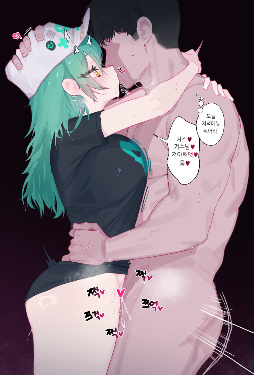 1boy 1girl antonina_(girls'_frontline_nc) black_shirt blush breasts breath clothed_female_nude_male ear_blush eonsang faceless faceless_male from_side girls'_frontline_neural_cloud green_hair hand_on_another's_head hand_on_another's_waist hetero highres hug kiss large_breasts male_professor_(girls'_frontline_nc) nude professor_(girls'_frontline_nc) pussy_juice pussy_juice_trail saliva sex shirt sound_effects standing standing_missionary standing_sex