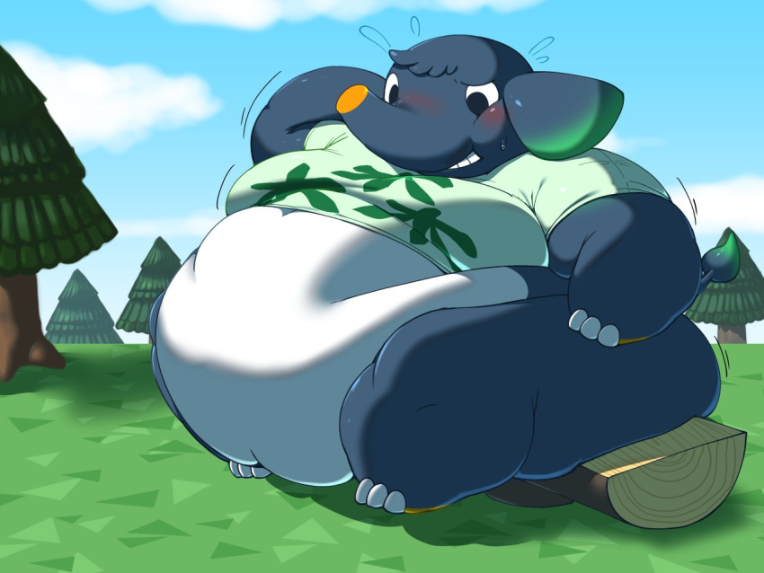 2020 3_fingers 3_toes animal_crossing anthro axel_(animal_crossing) belly belly_overhang belly_rolls big_belly big_butt big_moobs blue_body blush bodily_fluids bottomless bottomless_anthro bottomless_male breast_jiggle breasts butt butt_jiggle butt_squish chubby_cheeks clothed clothing day detailed_background digital_media_(artwork) elephant elephantid embarrassed fat_rolls feet fingers hand_behind_head hand_on_hip huge_butt huge_thighs jiggling love_handles male mammal moobs morbidly_obese morbidly_obese_anthro morbidly_obese_male motion_lines nintendo obese obese_anthro obese_male outside overweight overweight_anthro overweight_male proboscidean raised_clothing raised_shirt raised_topwear shirt sitting solo squish sweat sweatdrop thick_arms thick_thighs tight_clothing tight_topwear toes topwear weight_gain white_belly yosioka_san