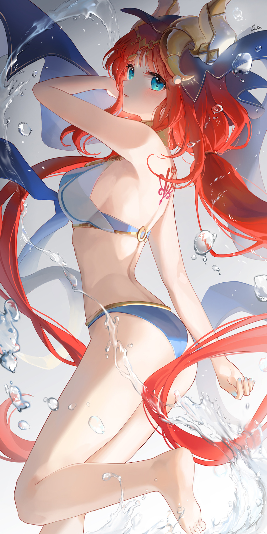 1girl alternate_costume ass barefoot blue_eyes blue_nails blue_veil breasts fake_horns floating_hair genshin_impact gold_trim harem_outfit highres horns large_breasts long_hair nilou_(genshin_impact) one-piece_swimsuit pistachiocream red_hair solo swimsuit tattoo very_long_hair water white_headdress white_veil