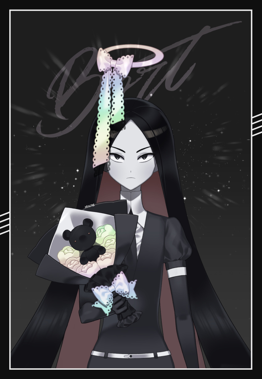 1other androgynous belt black_eyes black_gloves black_hair bort bouquet character_name closed_mouth collared_shirt colored_inner_hair colored_skin elbow_gloves flower framed gem_uniform_(houseki_no_kuni) gloves halo highres holding holding_bouquet houseki_no_kuni lace lace_ribbon long_hair looking_at_viewer minjye multicolored_hair necktie other_focus puffy_short_sleeves puffy_sleeves red_hair ribbon serious shirt short_sleeves solo straight-on straight_hair stuffed_animal stuffed_toy teddy_bear two-tone_hair v-shaped_eyebrows very_long_hair white_belt white_shirt white_skin