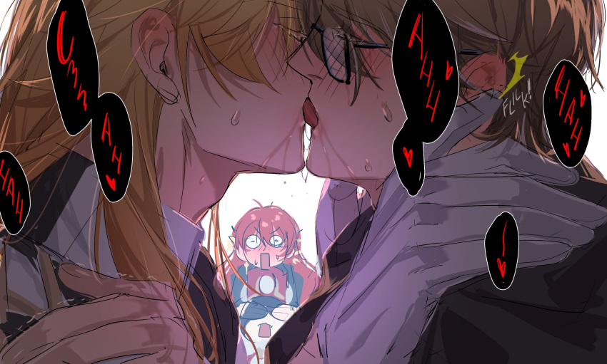 1girl 1other 2boys black-framed_eyewear blonde_hair blush brown_hair brownymercury closed_eyes covering_another's_eyes ear_blush english_commentary eyes_visible_through_hair french_kiss full-face_blush glasses gloves hand_on_another's_shoulder highres honkai:_star_rail honkai_(series) kiss long_hair male_focus multicolored_hair multiple_boys open_mouth pom-pom_(honkai:_star_rail) red_hair saliva saliva_trail short_hair sidelocks sound_effects streaked_hair surprised sweat trembling void_archives_(honkai_impact) welt_yang white_background white_hair yaoi