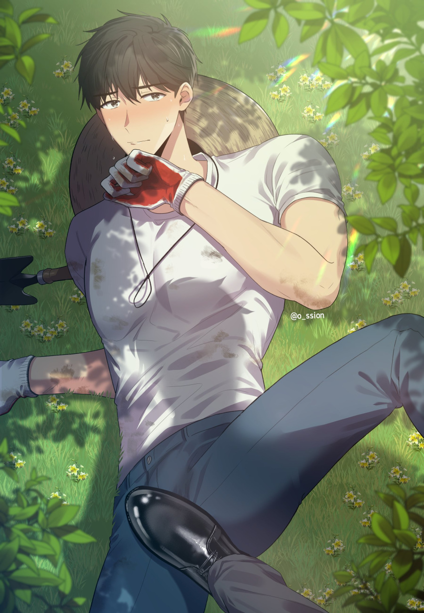 2boys absurdres black_footwear blue_pants blush flower gloves hat highres ilay_riegrow jeong_taeui leaf lens_flare male_focus multicolored_clothes multicolored_gloves multiple_boys nature o_ssion on_grass out_of_frame pants passion_(manhwa) pov shirt shovel sweatdrop white_shirt yaoi yellow_flower