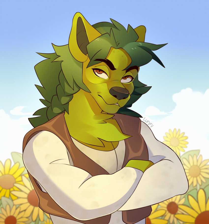 2020 alternate_species anthro artist_name canid canine canis clothed clothing cloud day digital_media_(artwork) dreamworks flower fur furrification green_body green_fur green_hair hair hi_res looking_away looking_up luryry male mammal outside plant shrek_(character) shrek_(series) sky solo wolf