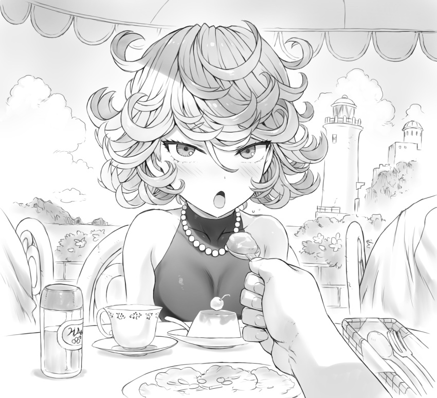 1girl bare_shoulders blush breasts chair cup food fork greyscale highres holding holding_spoon jewelry looking_at_viewer mogudan monochrome necklace one-punch_man open_mouth pearl_necklace pov pov_across_table sitting solo_focus spoon table tatsumaki