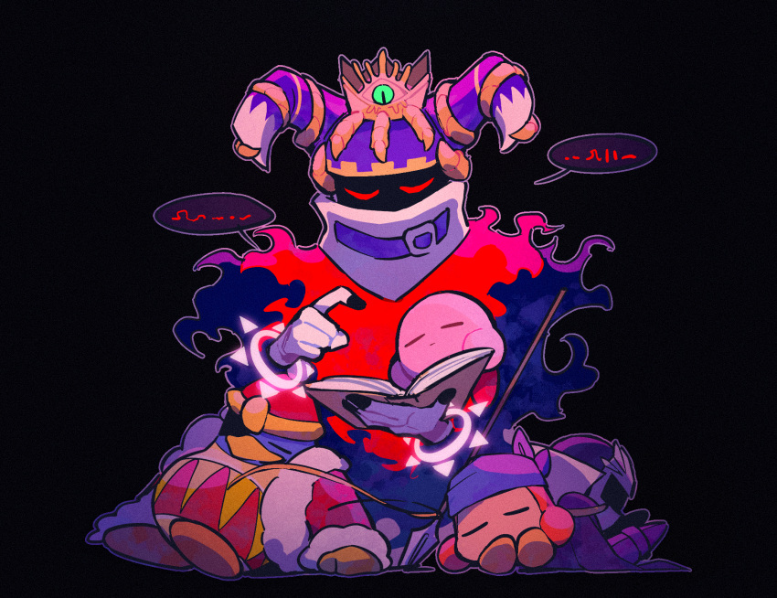 aluuuuu721 bad_end bandana bandana_waddle_dee black_background blue_bandana book cape colored_skin crown disembodied_limb highres holding holding_book horns king_dedede kirby's_return_to_dream_land kirby_(series) magolor mask master_crown meta_knight no_humans pink_skin polearm pom_pom_(clothes) spear weapon