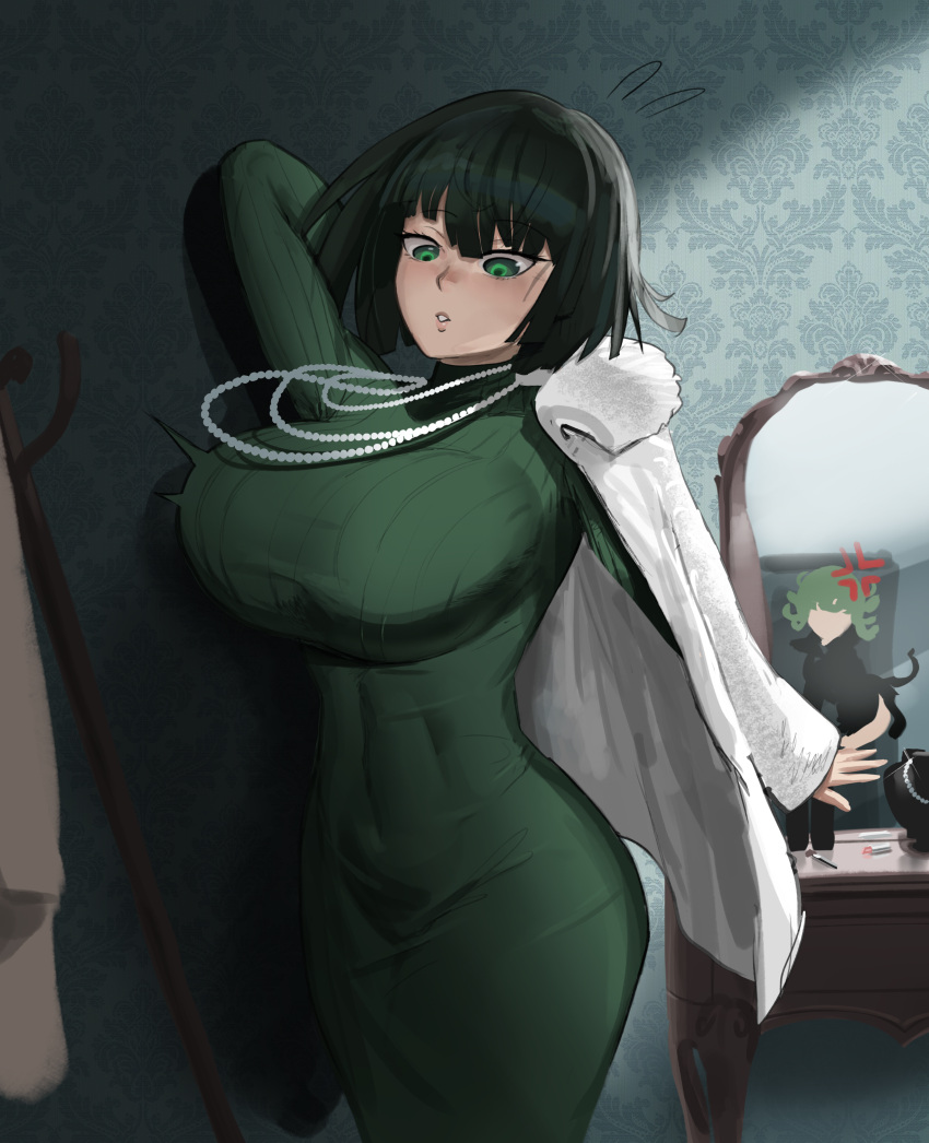 2girls absurdres arm_up bangs black_dress blunt_bangs booruguru breasts coat coat_rack dark_green_hair dress english_commentary floating fubuki_(one-punch_man) green_dress green_eyes green_hair highres indoors jewelry large_breasts mirror multiple_girls necklace one-punch_man parted_lips pearl_necklace reflection ribbed_dress short_hair siblings sisters solo_focus standing tatsumaki white_coat