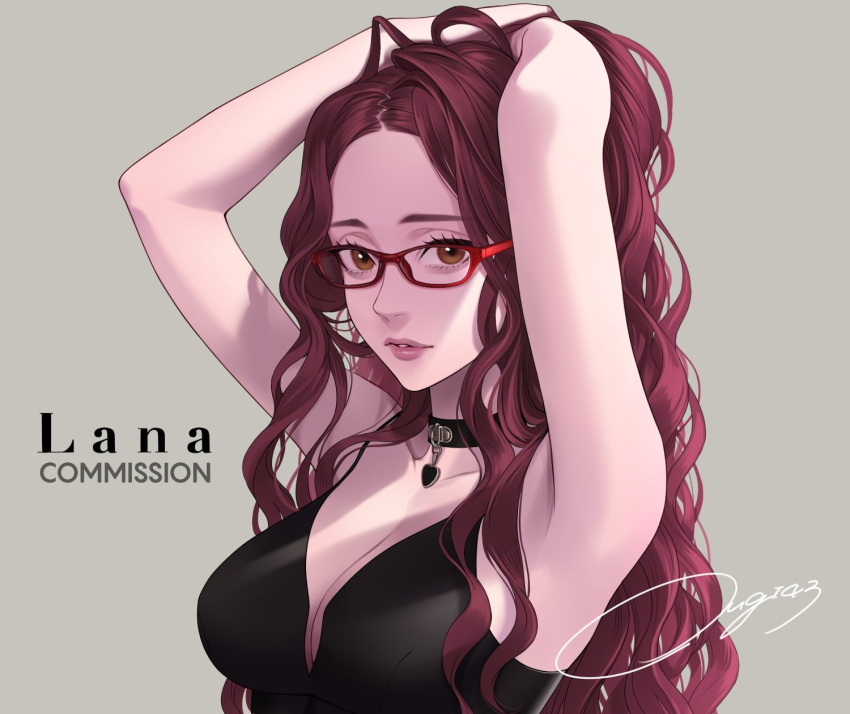 1girl arms_up black_bra black_collar bra breasts brown_eyes character_name chimachi cleavage collar commission glasses grey_background highres lips long_hair looking_at_viewer medium_breasts nose original parted_lips red-framed_eyewear red_hair signature skeb_commission solo underwear