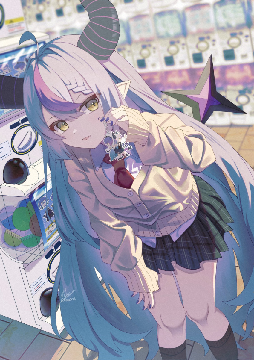 ahoge alternate_costume black_horns black_socks braid braided_bangs grey_hair highres hololive horns la+_darknesss long_hair maria_onnette multicolored_hair pointy_ears purple_hair school_uniform socks streaked_hair striped_horns sweater very_long_hair yellow_eyes