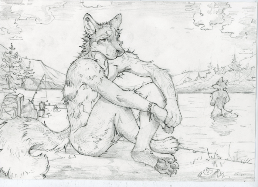 akatan_art anthro arms_on_knees background_character backpack black_and_white bracelet butt canid canine canis cloud cooking_pot coyote duo fishing_rod fur grass hi_res jewelry looking_at_viewer male mammal monochrome nude pawpads paws plant river rock signature sitting skinny_dipping sky tail traditional_media_(artwork) tree valley water wet wet_body wet_fur wolf