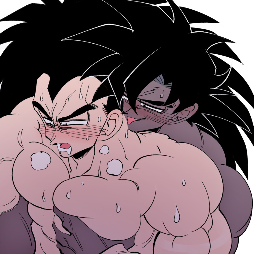 2boys bara couple dark-skinned_male dark_skin dragon_ball dragon_ball_z drooling grabbing grabbing_from_behind groping half-closed_eyes highres large_pectorals licking licking_neck male_focus mature_male mouth_drool multiple_boys muscular muscular_male out-of-frame_censoring pectorals raditz reach-around receding_hairline short_hair sideburns spiked_hair sweat torogao tullece upper_body very_sweaty yaoi yoram_(yoram551)