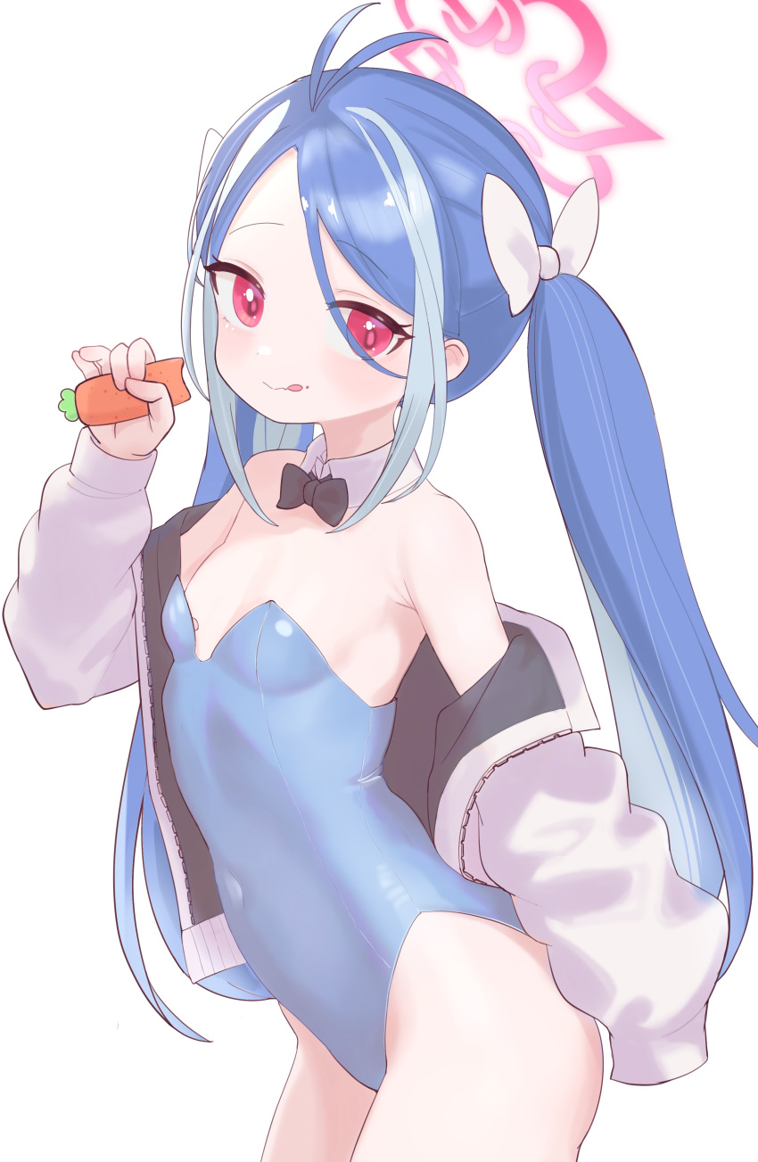 1girl :p absurdres black_bow black_bowtie blue_archive blue_hair blue_leotard blush bow bowtie breasts carrot covered_navel detached_collar food food_on_face fubuki_(blue_archive) hair_bow halo highres holding holding_food holding_vegetable jacket leotard long_hair looking_at_viewer multicolored_hair off_shoulder open_clothes open_jacket red_eyes simple_background small_breasts solo streaked_hair taeseok.10jeong tongue tongue_out twintails vegetable white_background white_bow white_hair