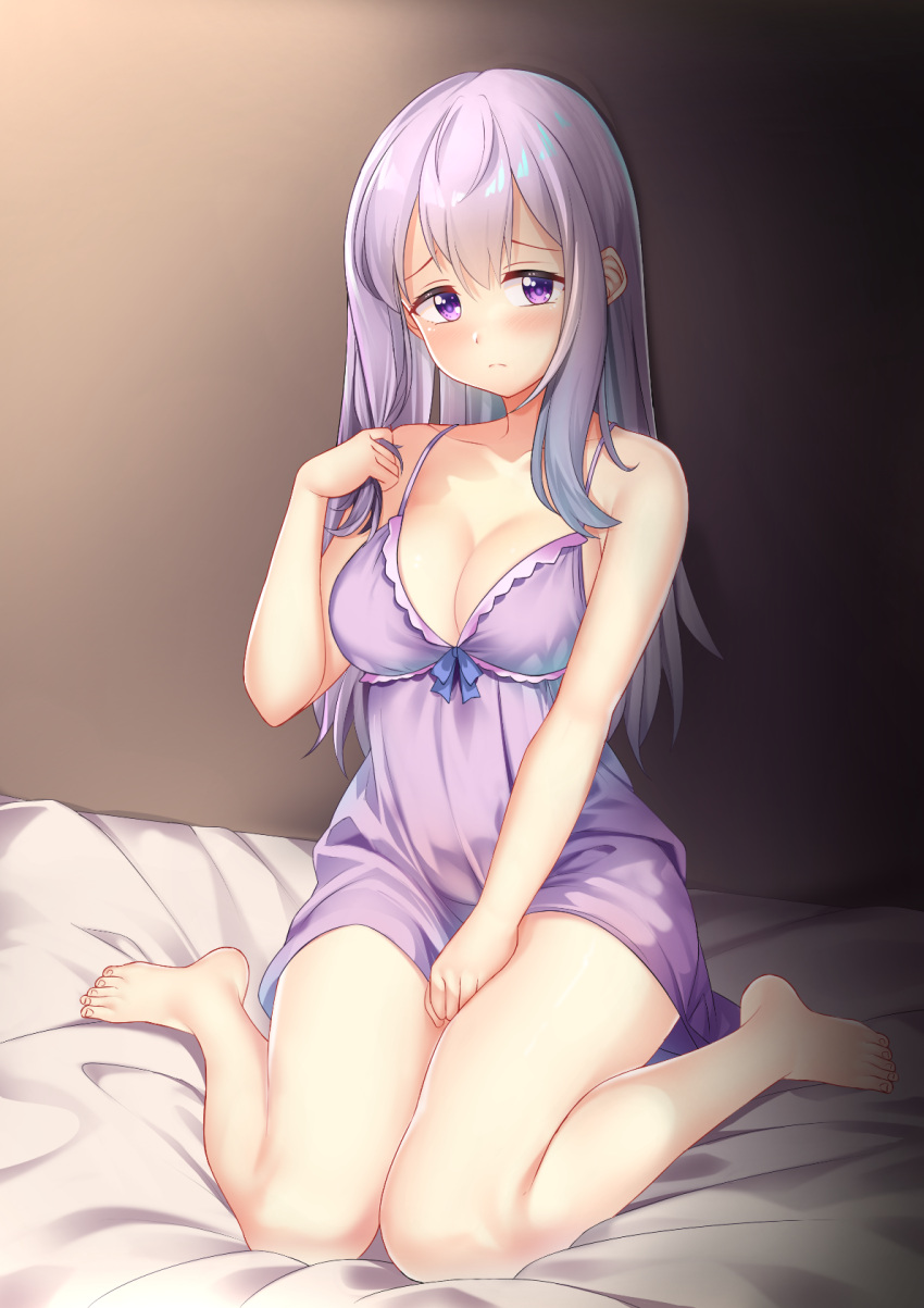 1girl babydoll bare_shoulders barefoot bed blush breasts cleavage collarbone commission dress feet fire_emblem fire_emblem:_genealogy_of_the_holy_war fire_emblem_heroes gradient_background highres julia_(fire_emblem) large_breasts light_purple_hair long_hair looking_at_viewer nabunabu purple_babydoll purple_eyes purple_hair simple_background sitting solo toenails toes wariza