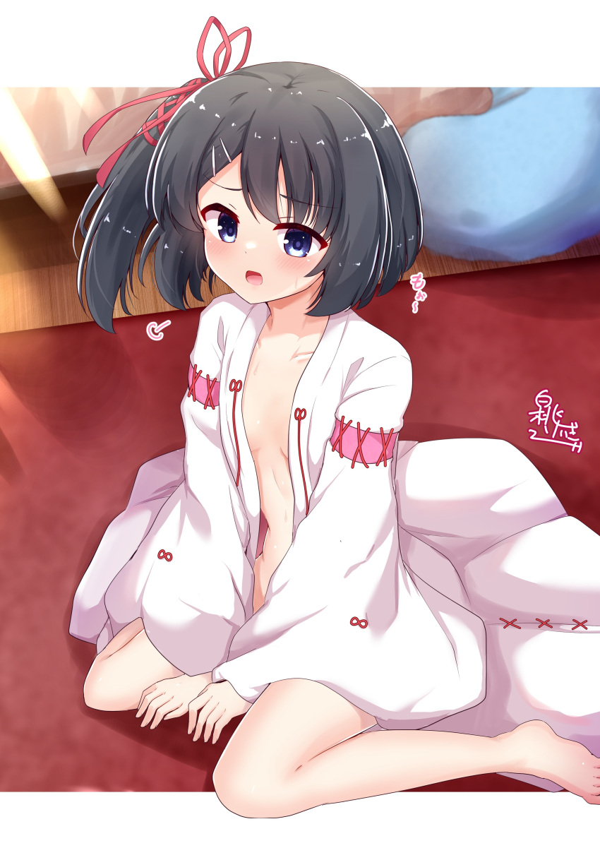 1girl =3 absurdres barefoot between_legs black_hair blue_eyes blush border breasts collarbone commentary commission day dracu-riot! embarrassed eyelashes eyes_visible_through_hair feet_out_of_frame from_above furrowed_brow hair_between_eyes hair_ornament hair_ribbon hairclip hakutocake hand_between_legs highres indoors japanese_clothes kimono light_rays long_sleeves looking_at_viewer medium_hair mera_azusa miko naked_kimono on_floor one_side_up open_mouth paid_reward_available red_carpet red_ribbon ribbon shiny_skin signature sitting skeb_commission small_breasts solo sunbeam sunlight sweat sweatdrop v_arms wariza white_border white_kimono wide_sleeves