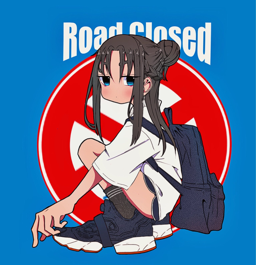 1girl backpack bag blue_background blue_bag blue_eyes braid brown_hair choppy_bangs closed_mouth dolphin_shorts dot_mouth english_text from_side full_body hair_bun half_updo highres light_blush long_hair looking_at_viewer looking_to_the_side nao97122 no_nose original parted_bangs reebok reebok_pump ribbed_socks road_sign shirt shoes short_shorts short_sleeves shorts sign single_hair_bun sneakers solo squatting white_shirt