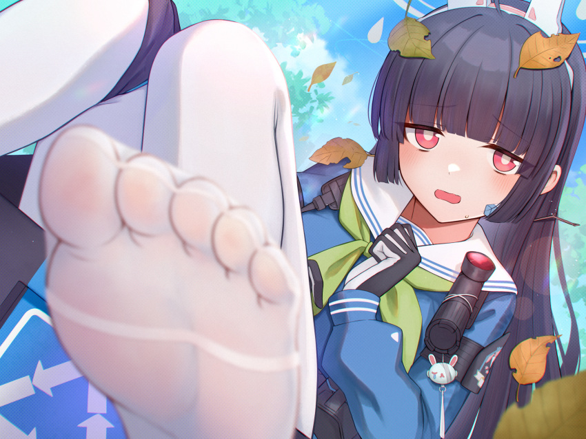 1girl animal_ears black_gloves black_hair blue_archive blue_shirt blunt_bangs blush commentary_request fake_animal_ears feet foot_focus foot_out_of_frame gloves green_neckerchief highres hoshimiya_aki knee_pads knees_together_feet_apart knees_up leaf leaf_on_head long_hair long_sleeves miyu_(blue_archive) neckerchief no_shoes open_mouth outdoors paid_reward_available pink_eyes puffy_long_sleeves puffy_sleeves rabbit_ears sailor_collar sailor_shirt school_uniform serafuku shirt soles solo toes white_sailor_collar