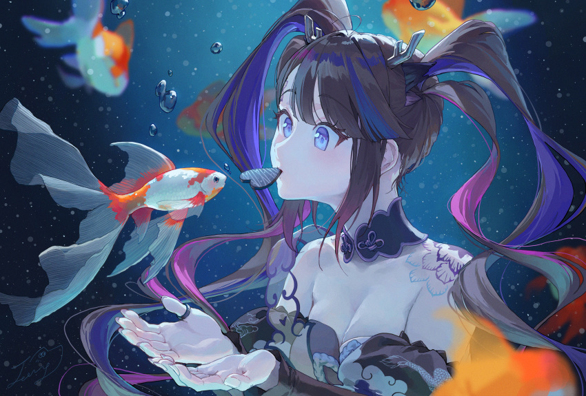 1girl air_bubble airi_kanna antlers bare_shoulders black_choker blue_hair brown_hair bubble candy chocolate choker colored_inner_hair detached_sleeves fish food goldfish heart heart-shaped_chocolate highres jewelry koi long_sleeves mouth_hold multicolored_hair nyamunyamu pink_hair puffy_long_sleeves puffy_sleeves quad_tails ring stellive strapless streaked_hair underwater valentine virtual_youtuber
