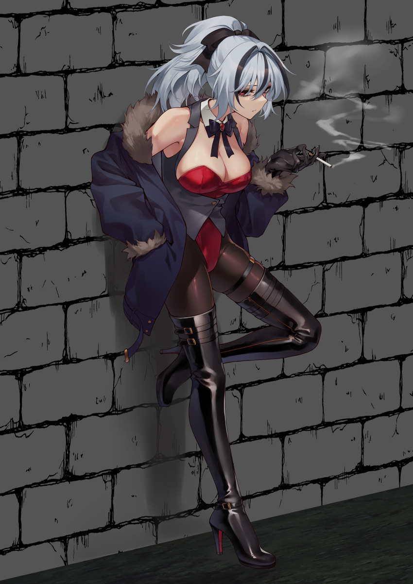 1girl absurdres against_wall belt_boots black_bow black_gloves black_hair blue_coat boots bow breasts brick_wall cigarette cleavage coat collar detached_collar foot_against_wall full_body fur-trimmed_coat fur_trim gem gloves grey_hair hair_bow hand_in_pocket high_heel_boots high_heels highres holding holding_cigarette jacket lapels large_breasts leotard long_sleeves looking_at_viewer momihige multicolored_hair notched_lapels original playboy_bunny ponytail red_eyes red_gemstone red_leotard ribbon smoke smoking streaked_hair thigh_boots thighhighs two-tone_hair white_hair