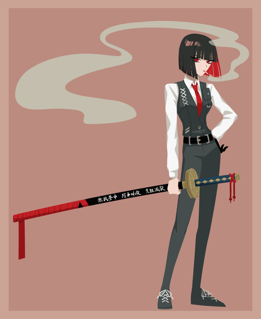 1girl alternate_hair_color black_footwear black_hair black_pants cigarette colored_inner_hair commentary full_body highres holding holding_sword holding_weapon katana limbus_company looking_at_viewer multicolored_hair no_710 no_lineart nose_pinch ootachi pants pink_background project_moon red_eyes red_hair ryoshu_(project_moon) sheath sheathed shoes short_hair simple_background smoke smoking solo standing sword weapon