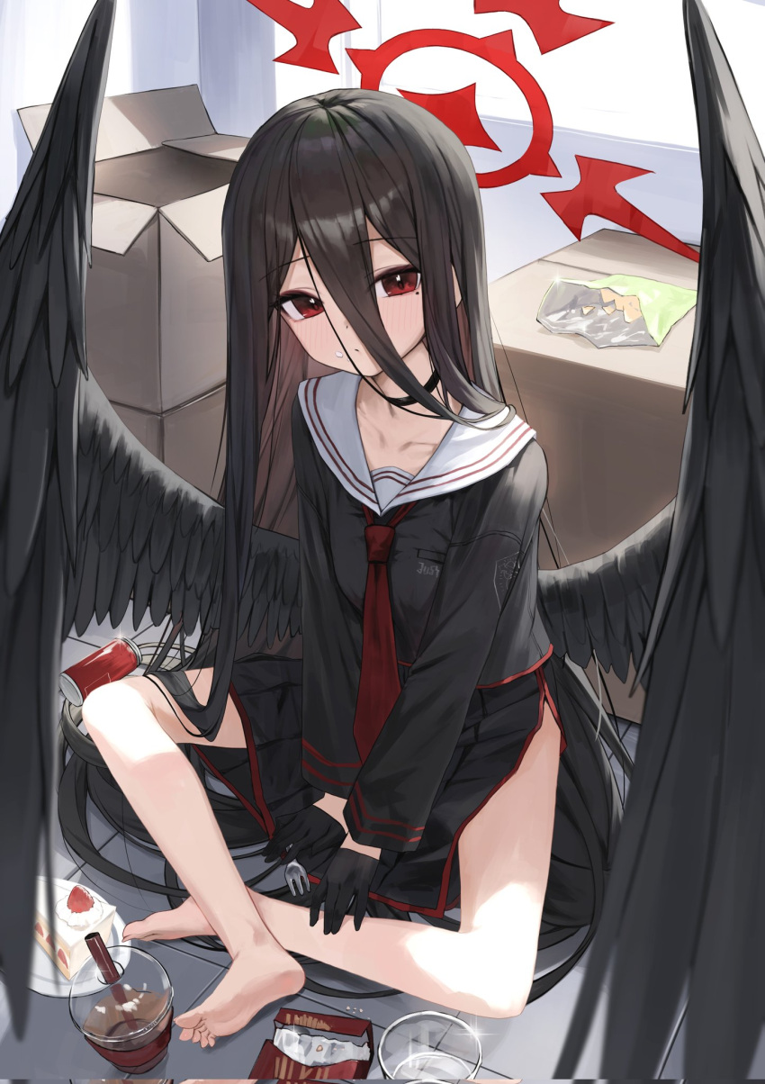 1girl aged_down barefoot black_gloves black_hair black_wings blue_archive box cake cake_slice cardboard_box chips_(food) cream cream_on_face crossed_legs cup disposable_cup drinking_glass expressionless feathered_wings food food_on_face fork fruit gloves gnns halo hasumi_(blue_archive) highres holding holding_fork large_wings looking_at_viewer necktie on_floor plate pleated_skirt pocky potato_chips red_eyes red_halo red_necktie sailor_collar school_uniform serafuku skirt solo strawberry tiles white_sailor_collar window wings