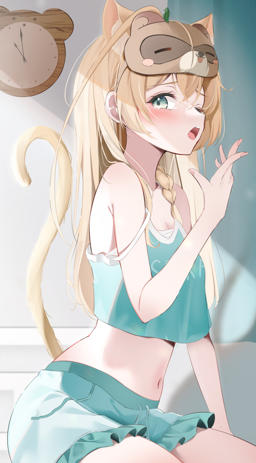 1girl absurdres animal_ear_fluff animal_ears blonde_hair braid cat_ears cat_girl cat_tail clock green_eyes green_shorts highres hololive kamimori_kuuraku kazama_iroha long_hair navel open_mouth pajamas shorts sleep_mask solo strap_slip tail virtual_youtuber waking_up yellow_tail