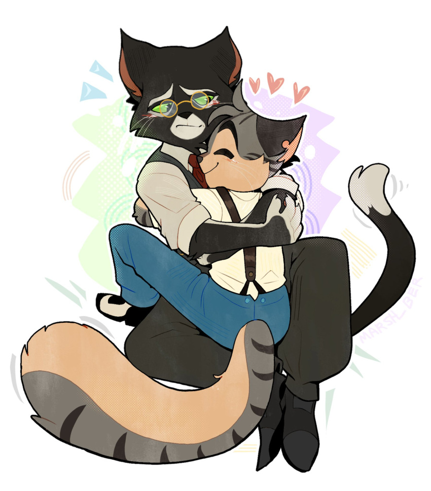 &lt;3 anthro blush claws clothing duo embarrassed embrace felid feline hi_res hug lackadaisy love male male/male mammal marsh_ber mordecai_heller necktie nuzzling on_lap reluctant rocky_rickaby secretly_loves_it simple_background sitting_on_lap smile suit webcomic