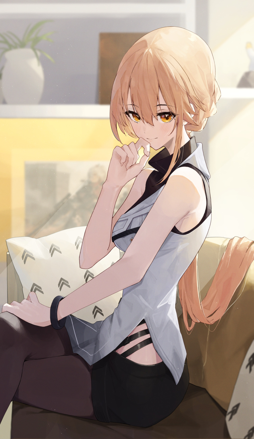 1girl armpit_crease black_pantyhose black_skirt black_wristband blonde_hair braid breasts closed_mouth commission couch crossed_legs girls'_frontline girls'_frontline_2:_exilium hair_between_eyes hand_on_own_chin highres long_hair looking_at_viewer medium_breasts ningen_gokko on_couch ots-14_(girls'_frontline) pantyhose pencil_skirt pixiv_commission shirt sidelocks sitting skirt sleeveless sleeveless_shirt smile solo very_long_hair white_shirt yellow_eyes