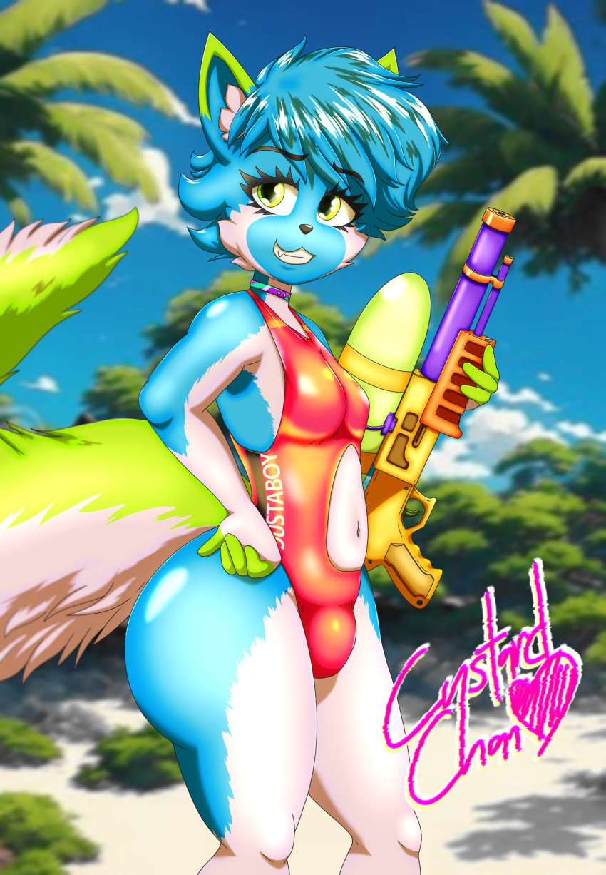 animal_humanoid anthro beach big_butt blue_body blue_fur butt canid canine canis clothing crazybluedog.exe_(artist) domestic_dog felid felid_humanoid feline feline_humanoid fur gynomorph hi_res huge_butt humanoid husky intersex long_tail male mammal mammal_humanoid nordic_sled_dog seaside solo sparkledog spitz suicidal swimwear tail thick_thighs toy toy_gun tropical water_gun