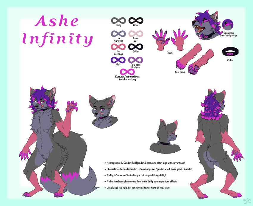 2_tails absurd_res anthro ashe_infinity canid canine collar fox fur glowing glowing_eyes grey_body grey_fur hair hi_res highlights_(coloring) infinity_symbol knightxayvion male mammal model_sheet multi_tail multicolored_body multicolored_fur multicolored_hair multicolored_tail open_mouth pawpads pink_body pink_fur pink_highlights purple_hair solo symbol tail