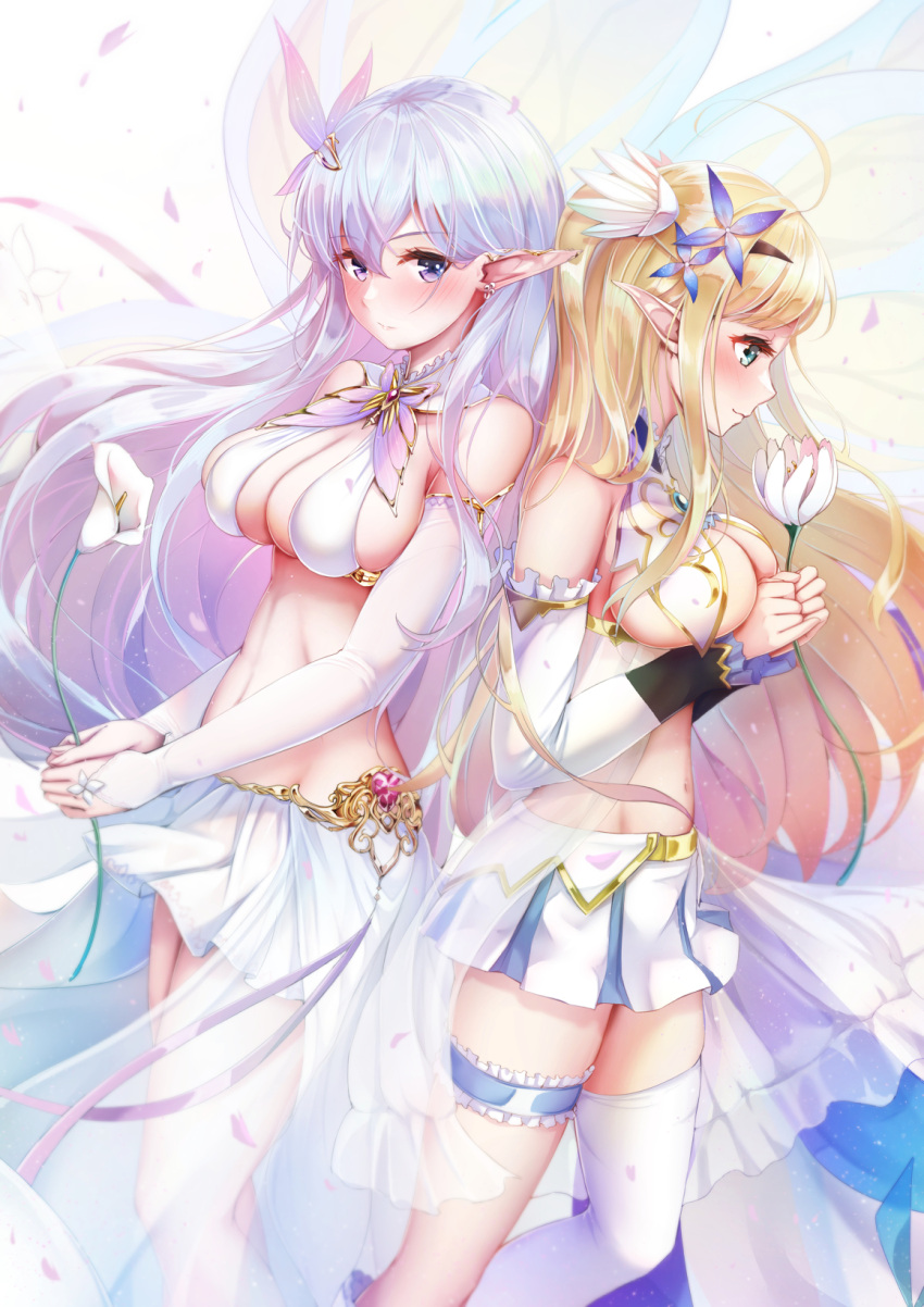 2girls albion_(azur_lane) azur_lane back-to-back bare_shoulders blonde_hair breast_curtains breasts bridal_garter butterfly_hair_ornament centaur_(azur_lane) cleavage cleavage_cutout closed_mouth clothing_cutout cowboy_shot crop_top detached_collar detached_sleeves elf flower from_side gold_trim green_eyes hair_flower hair_ornament highres holding holding_flower imo_bouya jewelry large_breasts light_purple_hair lily_(flower) long_hair long_sleeves looking_at_viewer midriff miniskirt multiple_girls navel pleated_skirt pointy_ears purple_eyes revealing_clothes simple_background single_thighhigh skirt standing thigh_strap thighhighs underboob very_long_hair white_background white_flower white_skirt