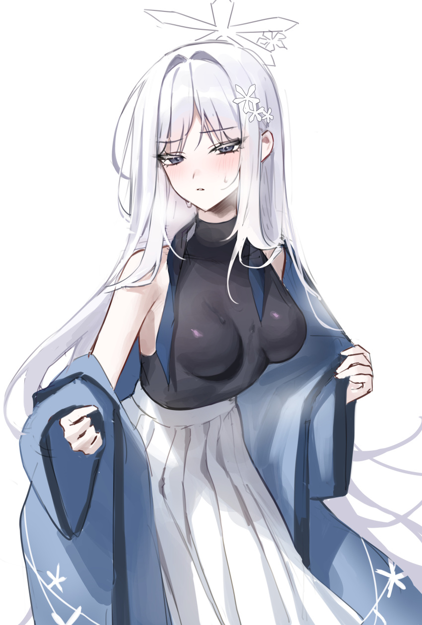 1girl absurdres bad_anatomy blue_archive blush breasts grey_eyes halo highres long_hair medium_breasts nagusa_(blue_archive) pleated_skirt raki_kr simple_background skirt solo white_background white_hair white_skirt