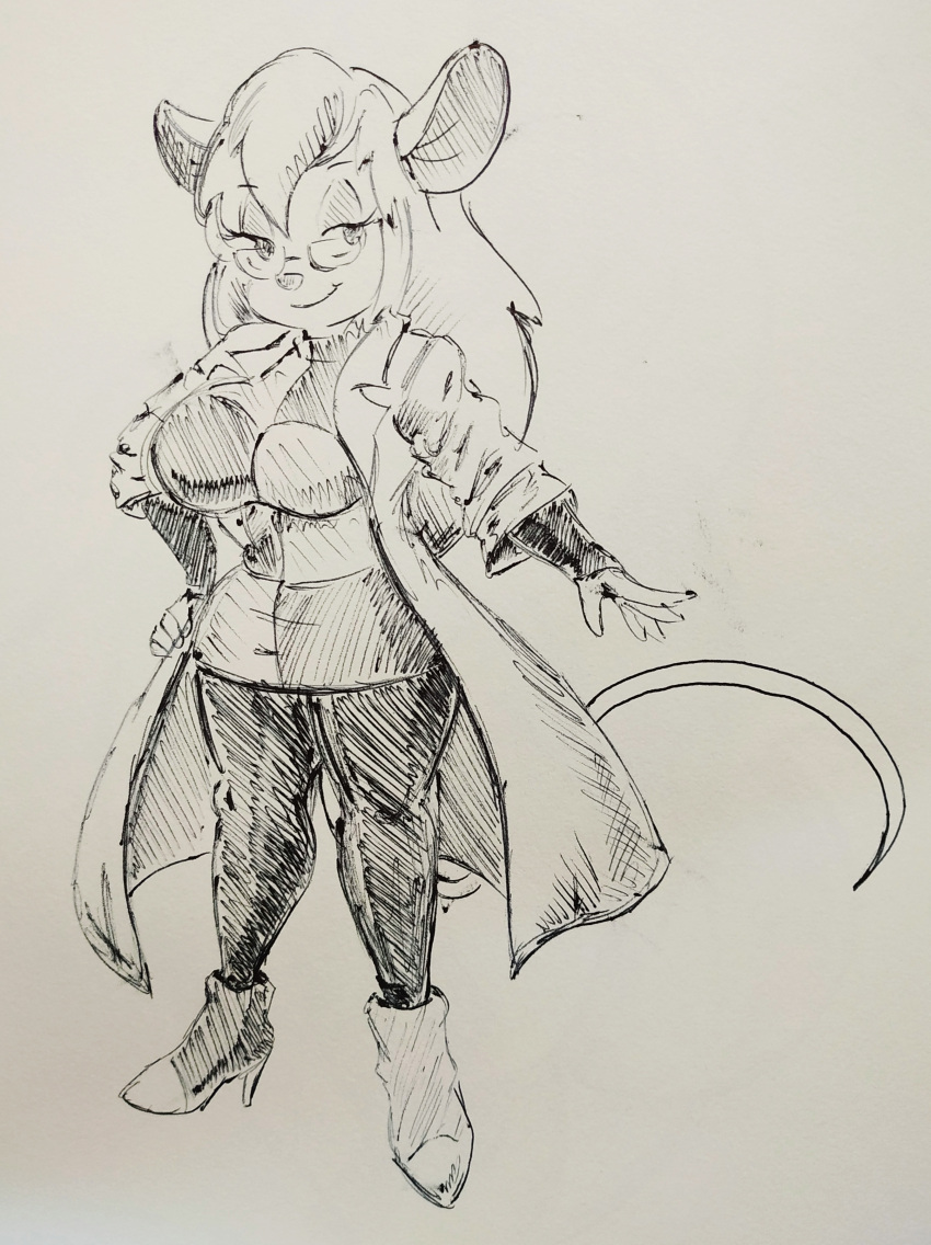 2023 absurd_res android_21 anthro big_breasts black_and_white breasts chip_'n_dale_rescue_rangers clothing coat cosplay crossover crossover_cosplay curvy_figure disney dragon_ball dragon_ball_fighterz eyelashes eyewear female fingers footwear gadget_hackwrench glasses hair hand_on_hip hand_on_own_hip hi_res high_heels lab_coat long_hair long_tail mammal monochrome mouse murid murine pikapika212 rodent sketch small_waist smile solo tail topwear