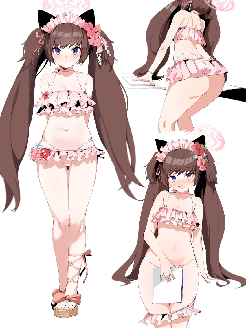 1girl absurdres animal_ears arms_behind_back ass bare_shoulders barefoot bikini bikini_skirt blue_archive blush bow breasts brown_hair cat_ears collarbone flower frilled_bikini frills full_body hair_flower hair_ornament hair_ribbon highleg highleg_bikini highres long_hair looking_at_viewer maid_headdress multiple_views navel nervous_smile notebook official_alternate_costume open_mouth pink_bikini pink_ribbon plentyofempty purple_eyes ribbon sandals shizuko_(blue_archive) shizuko_(swimsuit)_(blue_archive) simple_background skirt small_breasts smile standing stomach string_bikini swimsuit twintails very_long_hair white_background wide_hips