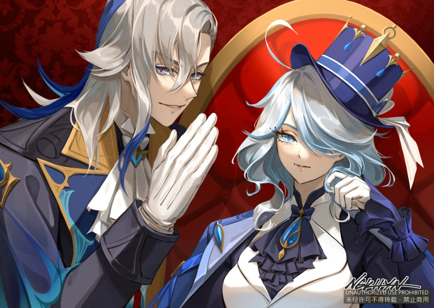 1boy 1girl ahoge artist_name ascot black_ascot blue_brooch blue_eyes blue_hair blue_headwear blue_jacket furina_(genshin_impact) genshin_impact gloves grey_hair hair_over_one_eye hat highres jacket kuroshitsuji kuroshitsuji_parody long_hair multicolored_hair neuvillette_(genshin_impact) ngkhyn on_chair parted_lips purple_eyes sidelocks sitting smile streaked_hair top_hat two-tone_hair upper_body white_ascot white_gloves white_hair