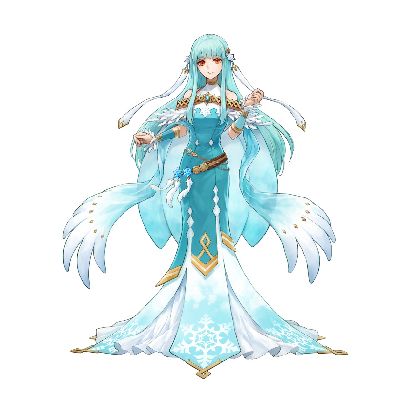 1girl bare_shoulders blue_hair dress feather_trim feathers fire_emblem fire_emblem:_the_blazing_blade fire_emblem_heroes from_side full_body hair_ornament highres light_blue_hair long_dress long_hair looking_at_viewer ninian_(fire_emblem) official_alternate_costume official_art open_mouth red_eyes sidelocks smile snowflake_print solo white_feathers