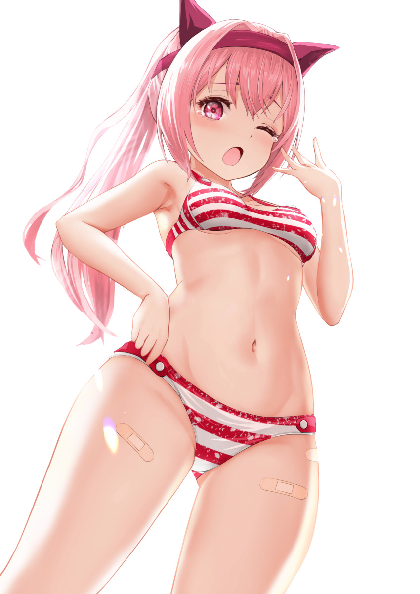 1girl absurdres alternate_costume animal_ears backlighting bikini breasts gibun_(sozoshu) hairband haru_urara_(umamusume) highres horse_ears horse_girl horse_tail long_hair looking_at_viewer navel no_tail one_eye_closed open_mouth pink_hair ponytail red_bikini red_hairband simple_background small_breasts solo standing stomach striped striped_bikini swimsuit tail umamusume white_background