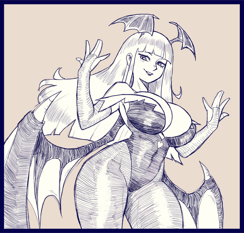 1girl blunt_bangs breasts cleavage demon_girl demon_wings elbow_gloves fingerless_gloves gloves greyscale head_wings highres large_breasts leotard long_hair looking_at_viewer monochrome morrigan_aensland pantyhose parted_lips picote smile solo vampire_(game) wings