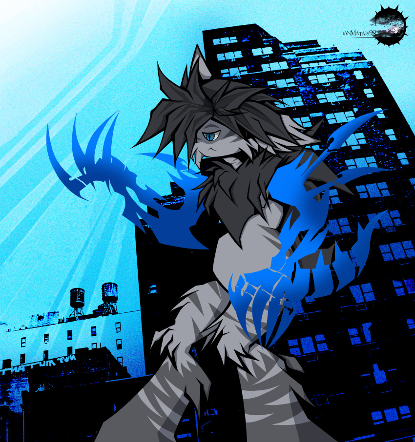 1_eye 2000s_(media) absurd_res blue_eyes city city_background claws fan_character fin fin_hair fur grey_body grey_fin grey_fur hi_res ianmata1998 kingdom_hearts_3 male monster noise pseudo_hair serious serious_face solo tail the_world_ends_with_you