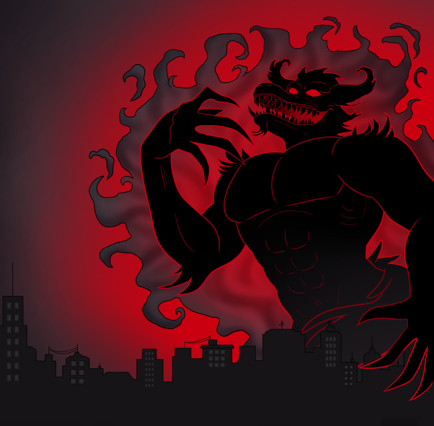 abs absurd_res anthro canid canine city cityscape claws dark_matter_(li'l_melon) demon evil_grin fangs glowing glowing_eyes glowing_mouth hi_res macro male mammal muscular muscular_anthro muscular_male pecs red_eyes red_glow silhouette smile smoke solo strays_in_paradise teeth the_lost_cinnamon_roll