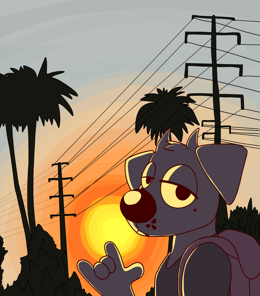 2020 absurd_res anthro backpack bluekyokitty canid canine canis cel_shading clothed clothing demon detailed_background digital_drawing_(artwork) digital_media_(artwork) domestic_dog floppy_ears gesture half-closed_eyes hi_res horn ily_sign looking_at_viewer male mammal narrowed_eyes outside palm_tree plant powerlines sebastian_(sebdoggo) sebdoggo shaded shirt sky solo sun sunset t-shirt topwear trans_(lore) trans_man_(lore) tree