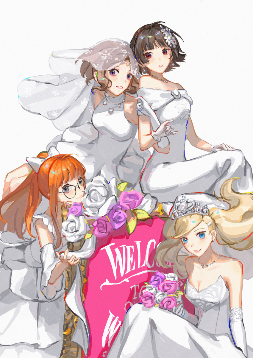 4girls absurdres ahoge bare_shoulders black_hair blue_eyes bouquet bow breasts bridal_veil brown_eyes brown_hair dress earrings elbow_gloves flower gloves grey_eyes grin hair_bow high_ponytail highres holding holding_bouquet jewelry kobayashiyouyouko long_hair medium_breasts multiple_girls necklace niijima_makoto off-shoulder_dress off_shoulder okumura_haru orange_hair parted_lips persona persona_5 pink_flower pink_rose red_eyes rose sakura_futaba short_hair sitting sleeveless sleeveless_dress smile strapless strapless_dress takamaki_anne tiara twintails veil wedding_dress white_dress white_flower white_gloves white_rose