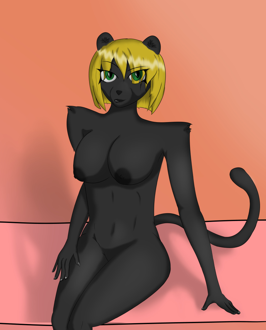 absurd_res anthro big_breasts bite biting_lip black_body black_fur blonde_hair breasts felid female fur green_eyes hair hair_over_eye hi_res jaguar koth4 looking_at_viewer mamal mammal nipples nudy one_eye_obstructed pantherine simple_background sitting tail teeth tuft