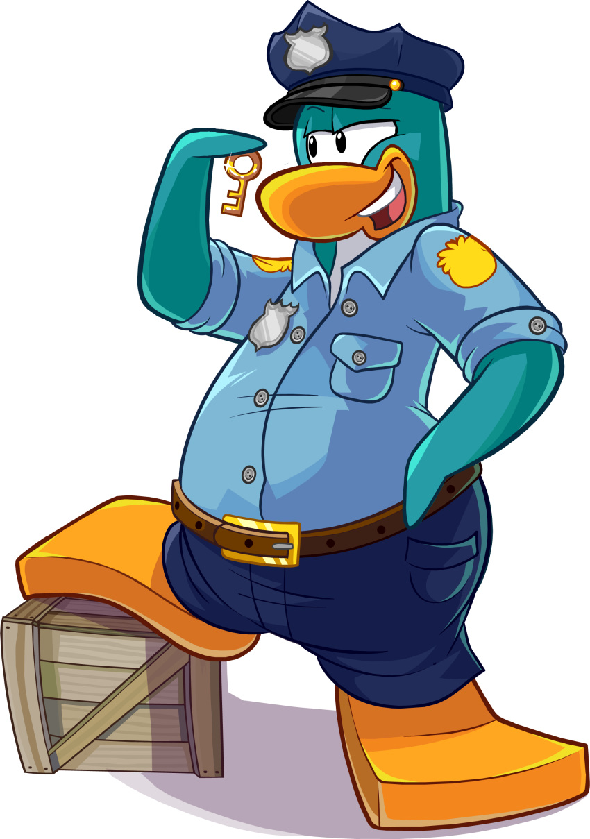 absurd_res alpha_channel avian bird blue_body blue_bottomwear blue_clothing blue_headwear blue_pants blue_shirt blue_topwear bottomwear brown_belt clothing club_penguin collared_shirt crate full-length_portrait hand_on_hip headgear headwear hi_res holding_key holding_object key looking_at_object male official_art open_mouth pants penguin police_badge police_hat police_officer police_uniform portrait shirt short_sleeves solo topwear uniform unknown_artist upper_teeth_only