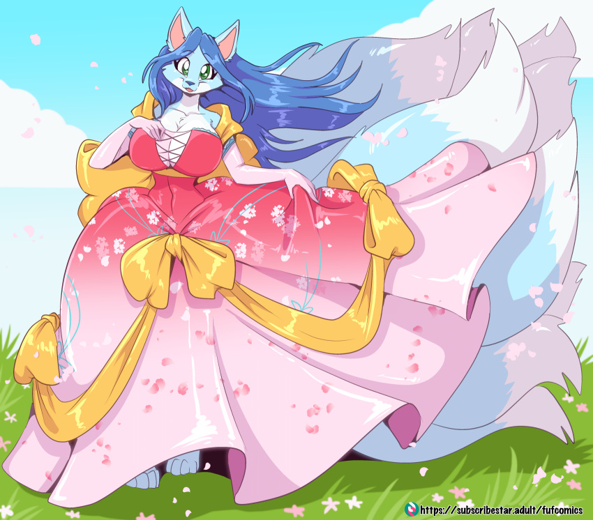 2023 9_tails anthro big_breasts big_dress big_tail biped black_nose blue_hair bow_accessory breasts canid canine cheek_tuft cleavage clothed clothing day dress eyebrows facial_tuft female fluffy fluffy_tail fox front_view fuf grass hair hi_res long_hair looking_at_viewer mammal multi_tail multicolored_clothing multicolored_dress open_mouth open_smile outside plant red_clothing red_dress sky smile smiling_at_viewer solo standing tail tongue tuft two_tone_clothing two_tone_dress white_body white_clothing white_dress