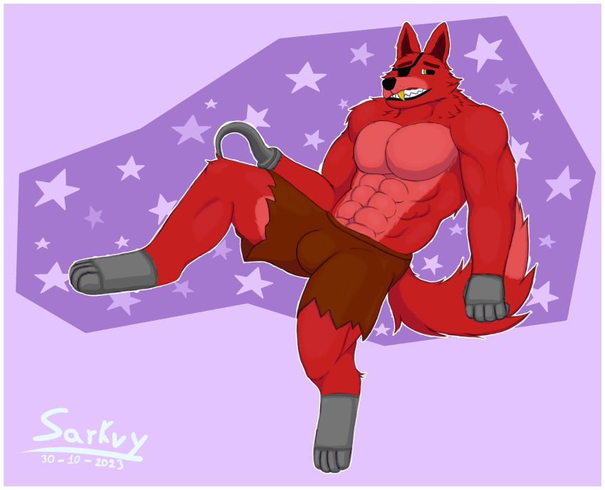 absurd_res anthro bottomwear bulge canid canine canis clothing eye_patch eyewear five_nights_at_freddy's fox foxy_(fnaf) fur hi_res male mammal muscular muscular_anthro muscular_male pants sarkvy scottgames simple_background solo