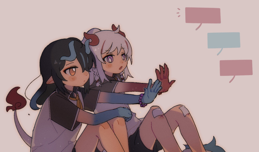 2girls ahoge arknights black_hair black_shorts blank_speech_bubble blue_hair blush_stickers brown_eyes closed_mouth collared_shirt dragon_girl dragon_horns dragon_tail dusk_(arknights) feet_out_of_frame flame-tipped_tail grey_background grey_hair hair_over_one_eye highres horns knees_up multicolored_hair multiple_girls nian_(arknights) notice_lines outstretched_arm parted_lips pointy_ears ponytail purple_eyes red_hair scrape shirt short_shorts short_sleeves shorts sifeizui simple_background speech_bubble streaked_hair tail white_shirt