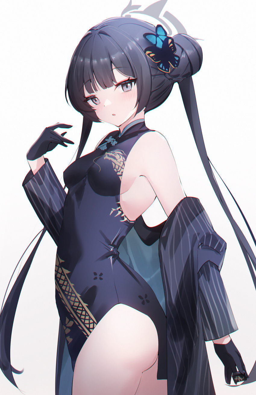 1girl absurdres ass black_dress black_gloves black_hair blue_archive breasts butterfly_hair_ornament china_dress chinese_clothes coat cowboy_shot double_bun dragon_print dress gloves grey_coat grey_eyes grey_halo hair_bun hair_ornament halo highres kisaki_(blue_archive) long_hair long_sleeves sideboob simple_background small_breasts solo striped striped_coat twintails twisted_torso usagi_(786113654) vertical-striped_coat vertical_stripes white_background
