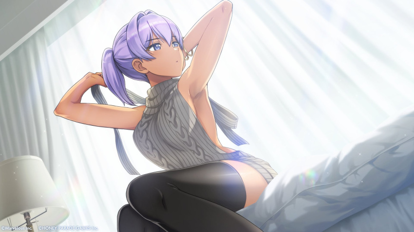 1girl arms_up breasts curtains dark-skinned_female dark_skin dolphin_wave highres medium_breasts meme_attire official_art on_bed ootomo_takuji ponytail purple_eyes purple_hair souma_hayate thighhighs virgin_killer_sweater