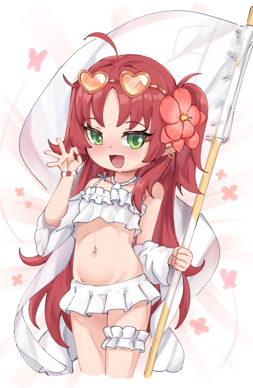 1girl absurdres ahoge arknights batazungharn bikini bikini_skirt blush breasts bridal_garter commentary cropped_legs ear_piercing english_commentary eyewear_on_head flag flower frilled_bikini frills green_eyes hair_flower hair_ornament heart heart-shaped_eyewear highres holding holding_flag long_hair looking_at_viewer myrtle_(arknights) myrtle_(summer_flowers)_(arknights) navel official_alternate_costume ok_sign open_mouth orange-framed_eyewear orange-tinted_eyewear piercing pointy_ears red_hair small_breasts solo swimsuit tinted_eyewear two_side_up very_long_hair white_bikini white_flag