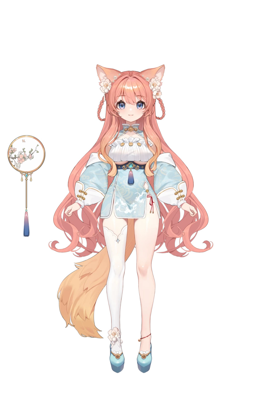 1girl animal_ears ankle_bell ankle_flower arms_at_sides awu_(vtuber) blue_dress blue_eyes blue_footwear braid china_dress chinese_clothes closed_mouth clothing_cutout detached_sleeves dress facing_viewer flower fox_ears fox_tail full_body hair_flower hair_ornament highres long_hair long_sleeves looking_at_viewer nijisanji official_art orange_hair panties pelvic_curtain puffy_long_sleeves puffy_sleeves short_dress side-tie_panties side-tie_peek single_thighhigh sleeveless sleeveless_dress smile solo tachi-e tail tassel thighhighs transparent_background tuanshan twin_braids underboob_cutout underwear very_long_hair virtual_youtuber virtuareal white_flower white_thighhighs